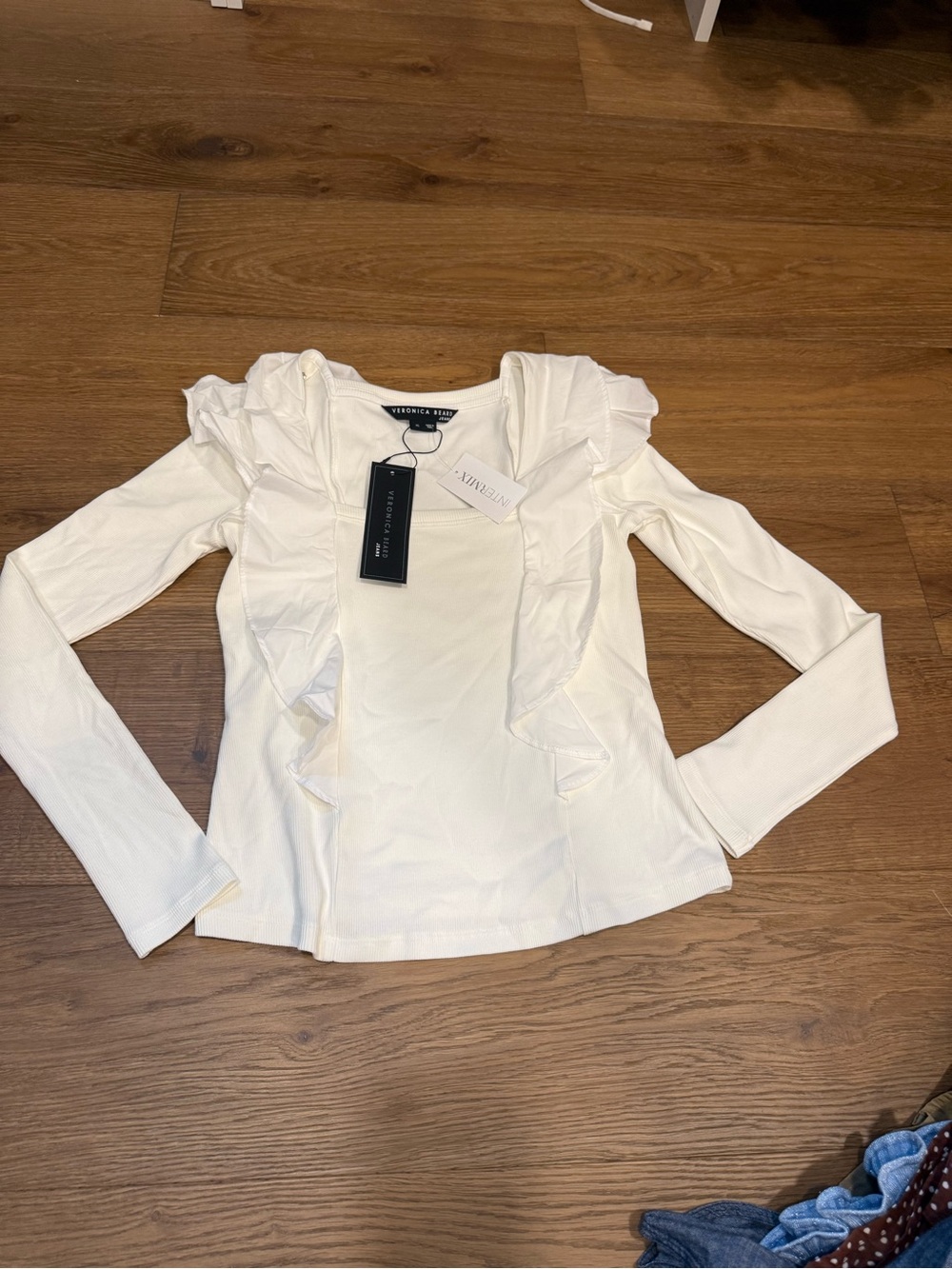 Veronica Beard White Ruffle-Trim Long Sleeve Tee